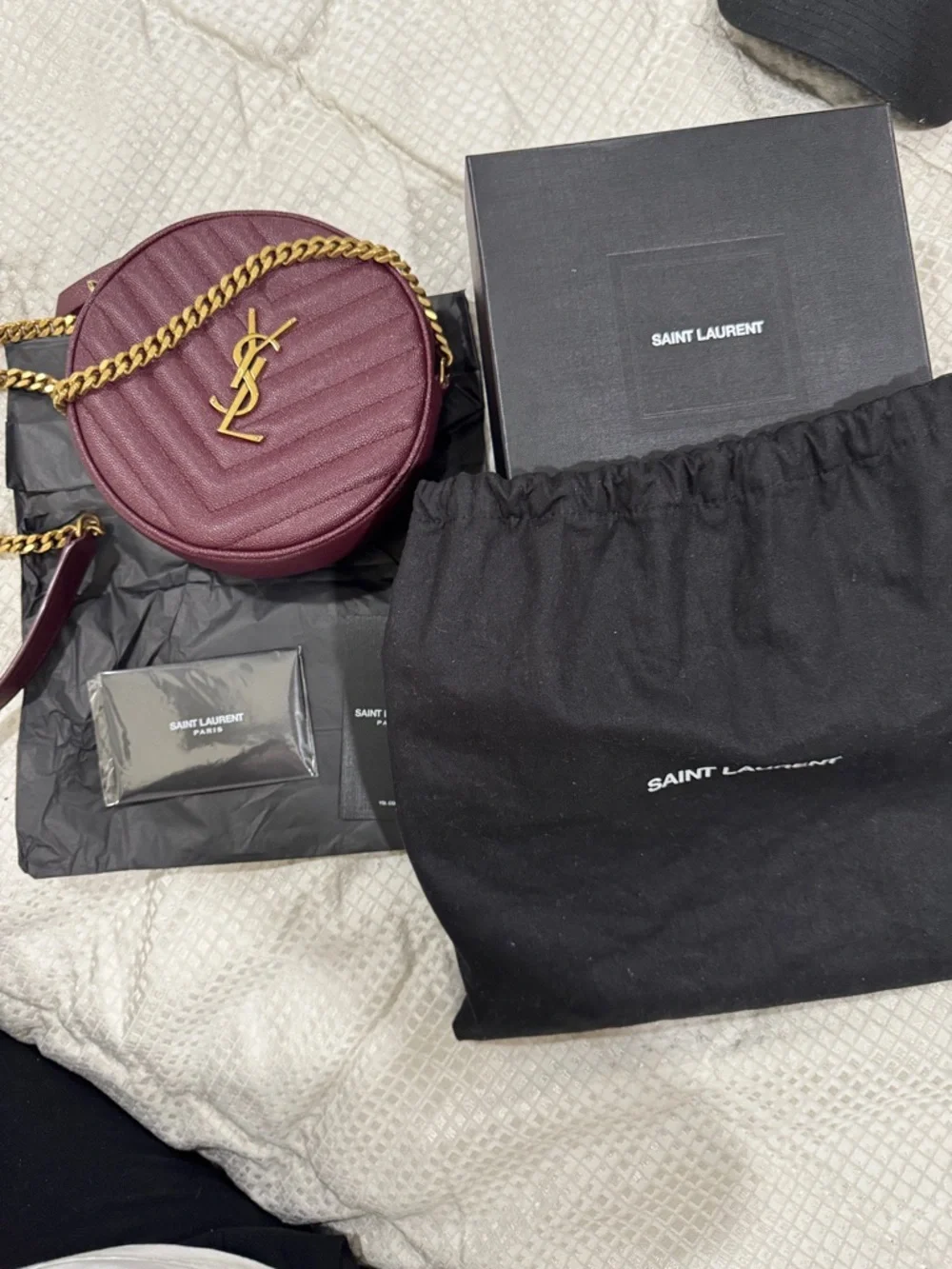 Saint Laurent Wine Quilted Round Crossbody with Gold YSL Chain - Picture 3 of 13